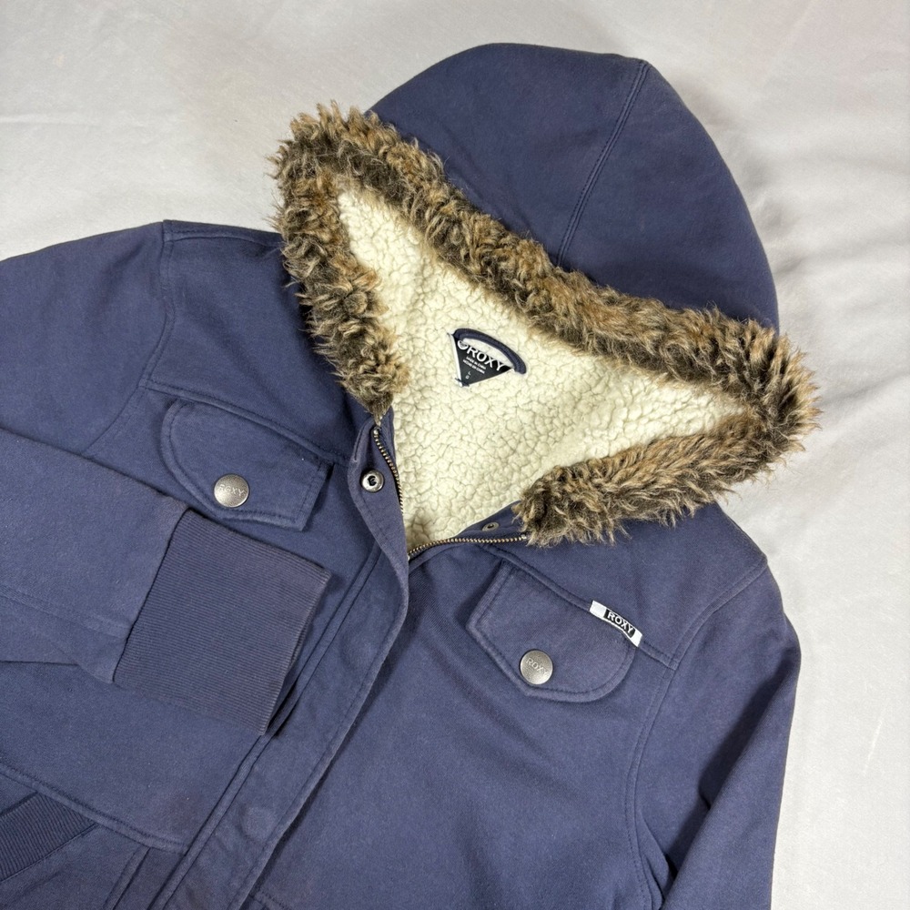 Roxy Sherpa Lined Faux Fur Hood Jacket Navy Blue Women Large RXYSHERP